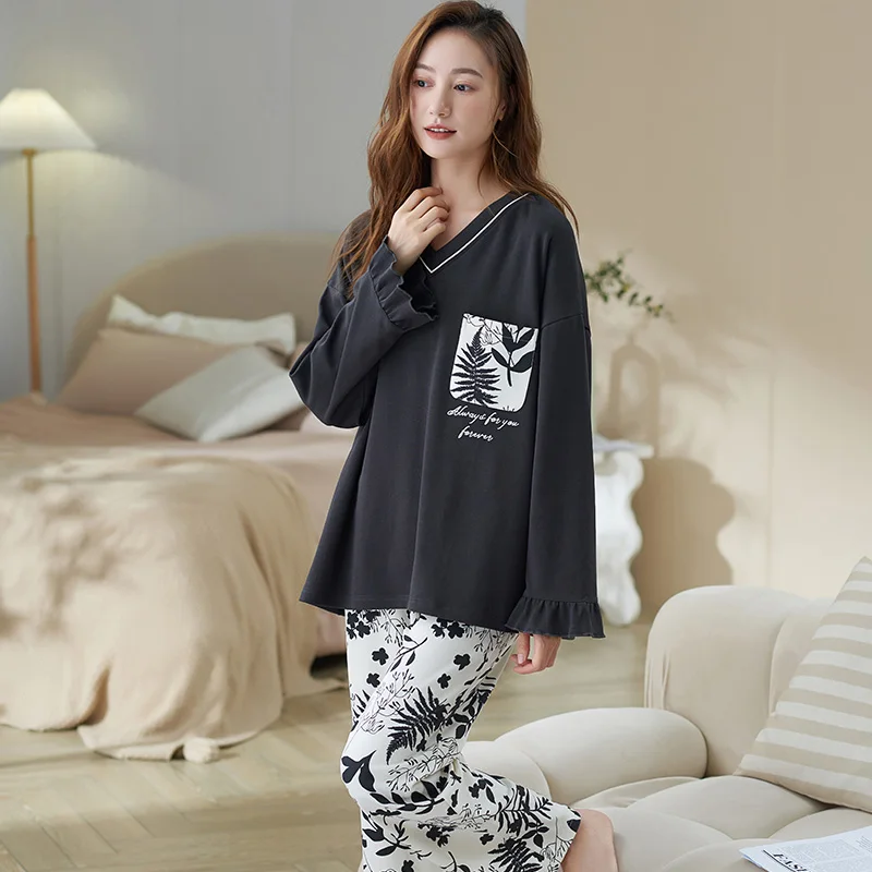 Black Leaf Women Pajama Set Cute Sleepwear Long Sleeves Long Pants Autumn Winter Cozy Pyjamas Soft Pijamas Cotton Nightshirt Pjs