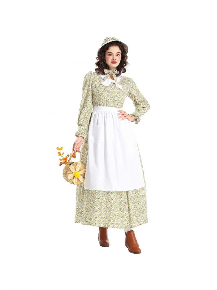 Grembiule Dr con stampa floreale gialla Costume Pioneer loween Performance sul palco Vita alta in poliestere Primavera Autunno Dr da donna