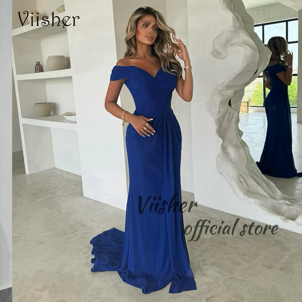 

Viisher Royal Blue Mermaid Evening Dresses Off Shoulder Spandex Satin Prom Party Dress Arabian Dubai Formal Occasion Gowns