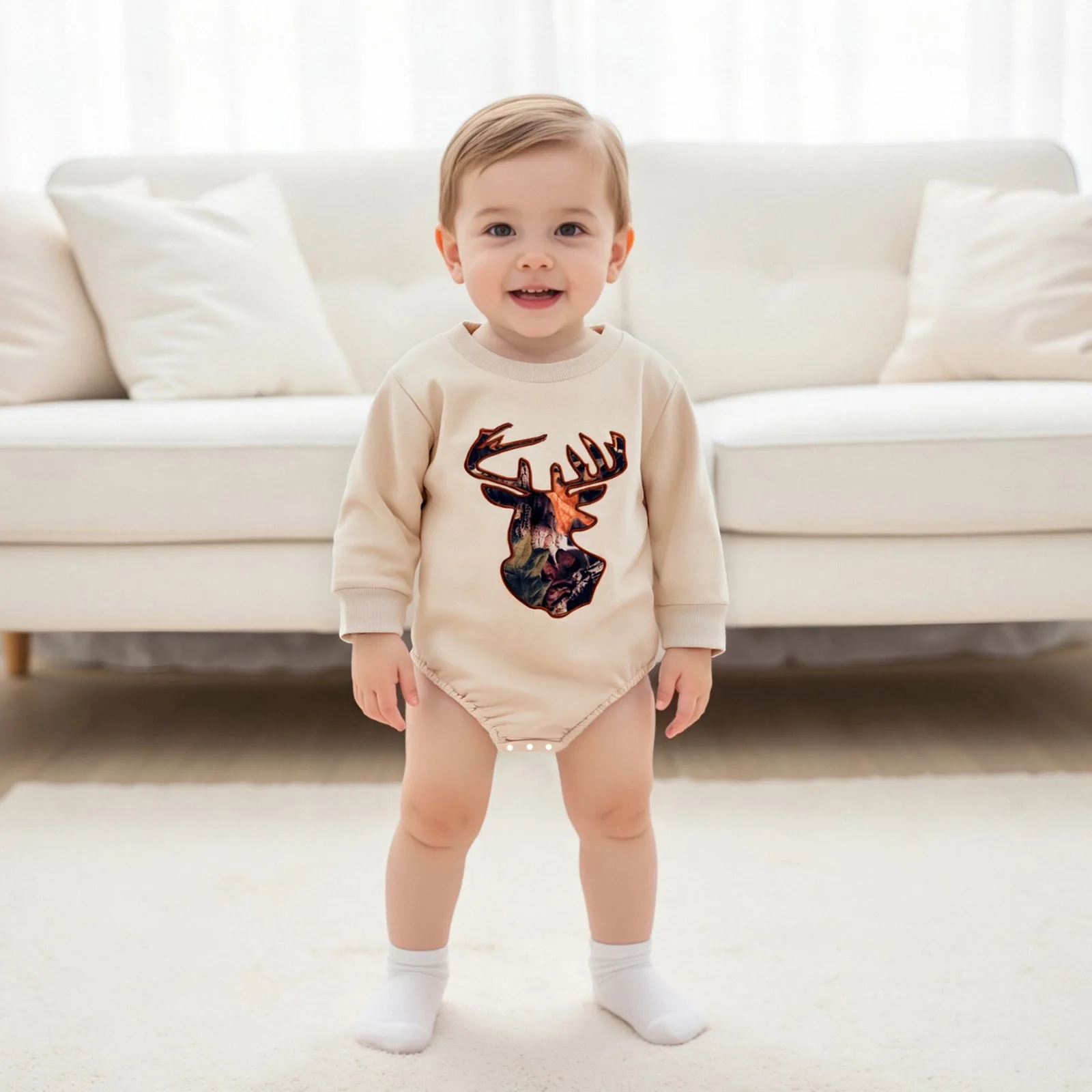 

Autumn Fashion Baby Boy Sweatshirt Romper Loose Fit Deer Head Embroideried Long Sleeve Infant Jumpsuit Newborn Clothes