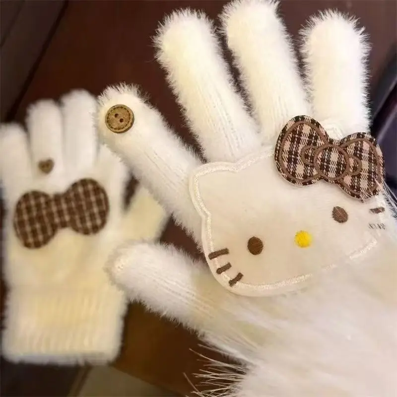 

New Kawaii Sanrio Hello Kitty Gloves Cute Bow Women's Autumn and Winter Warmth Student Outdoor Gloves Retro Girl Gift