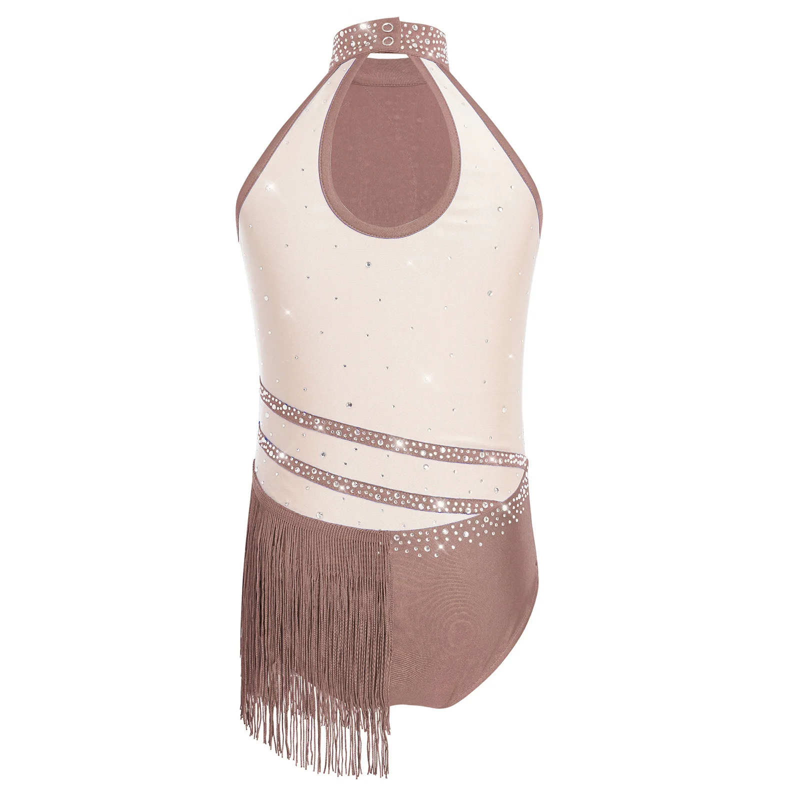 Children Tassel Latin Dance Leotard Kids Girls Sleeveless Jumpsuits Sparkly Rhinestone Color Block Fringed Bodysuit Dancewear