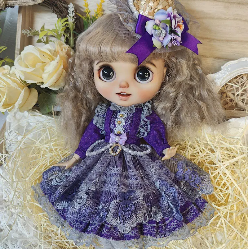 

Ob22 24, одежда для кукол, изысканная фиолетовая заколка для волос ручной работы, кружевное платье на бретельках, носки, милый комплект для одежды Blythe Azone Licca Pullip