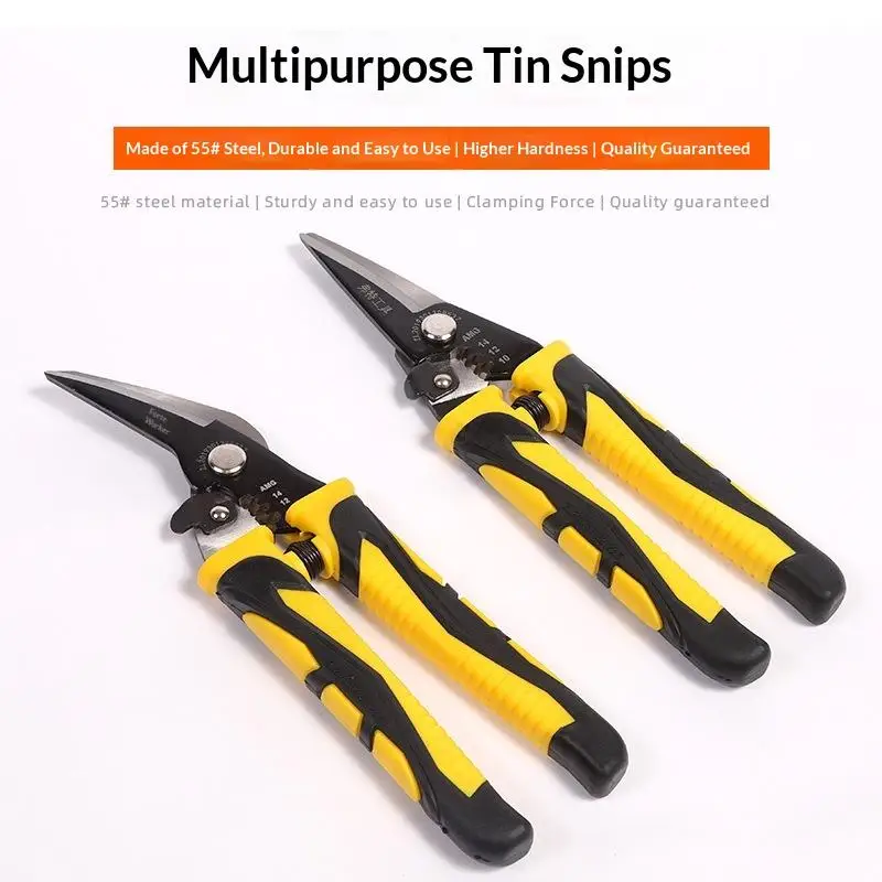 Heavy Duty Tin Snips Aviation Shears Multi Purpose Metal Sheet Cutter 2-in-1 Wire Strippers Scissors For Iron Steel And Drywall