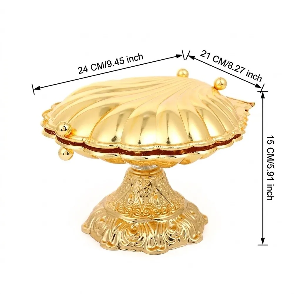 1Pcs Gold Metal Shell Shaped Fruit Platter With Stand For Home Kitchen Dining Table Snack Serving Tray Decorative Holder