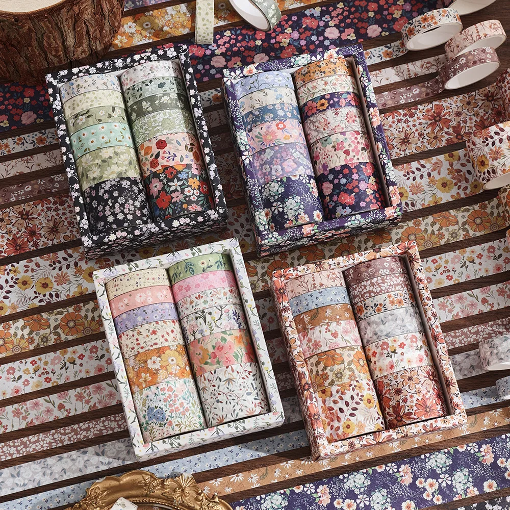 12 Rollen Vintage-Blumenband-Set zum Selbermachen, farbiges dekoratives Abdeckband, Notizbuch, Tagebuch, Bullet Journaling, zufällige Farbe, 1 Set