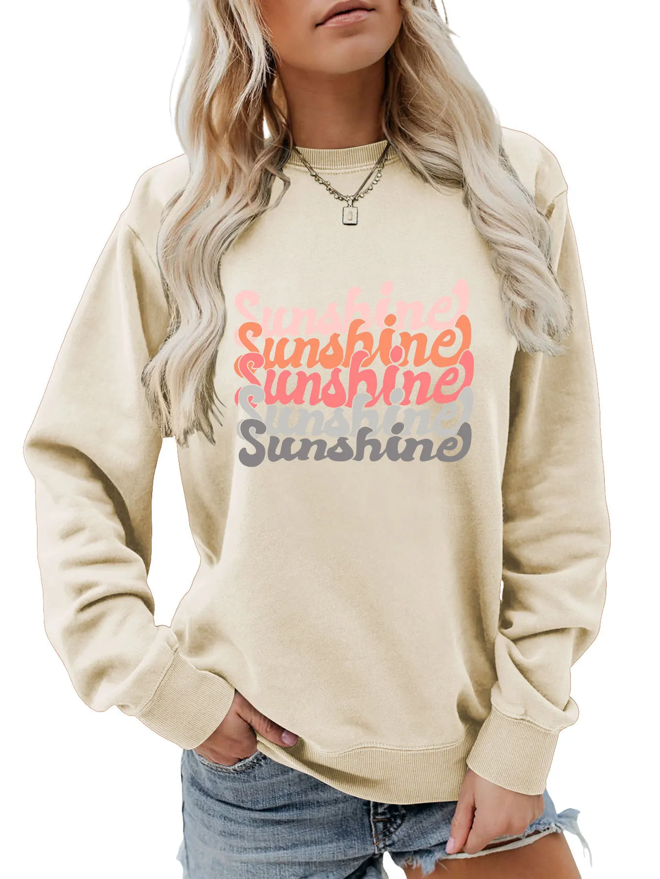 Autumn new sunshine color simple printed casual hoodie fashion casual crew-neck long-sleeved top all match women's temperament p