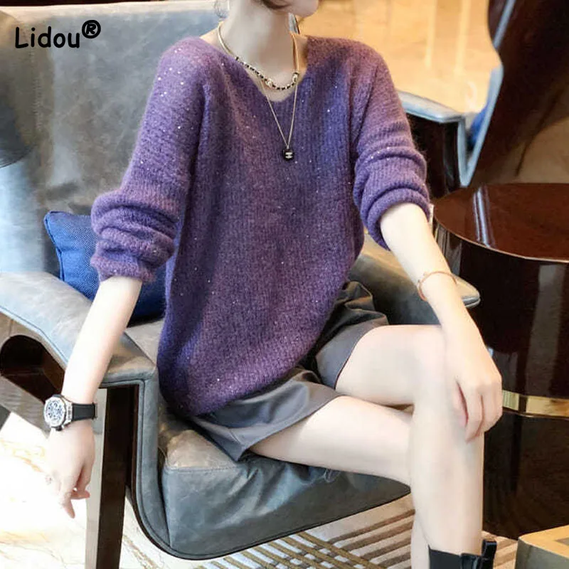 

Lady Korean Loose V-Neck Solid Sweaters Pullovers Women's Clothing Autumn Winter Temperament All-match Long Sleeve Knitted Tops