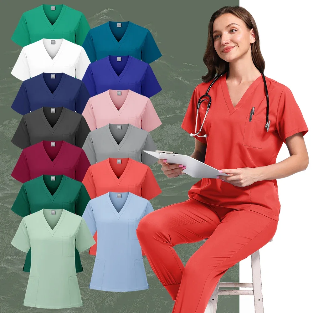 Surgical Set Women Pet Hospital Scrub Uniforms Suits Unisex Solid Color Surgical Gown Pocket V-neck Jogger Suits