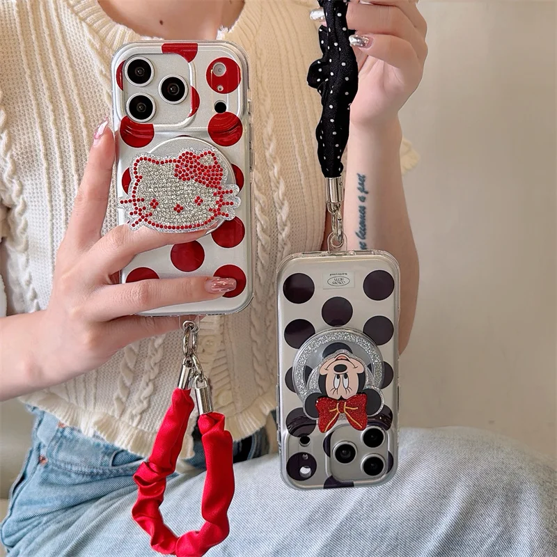 

Korean Polka Dot Magnetic Phone Case For iPhone 17 Pro 15 14 16 Pro Max Cover with Mickey Stand Hand Rope Cartoon Protective Cas