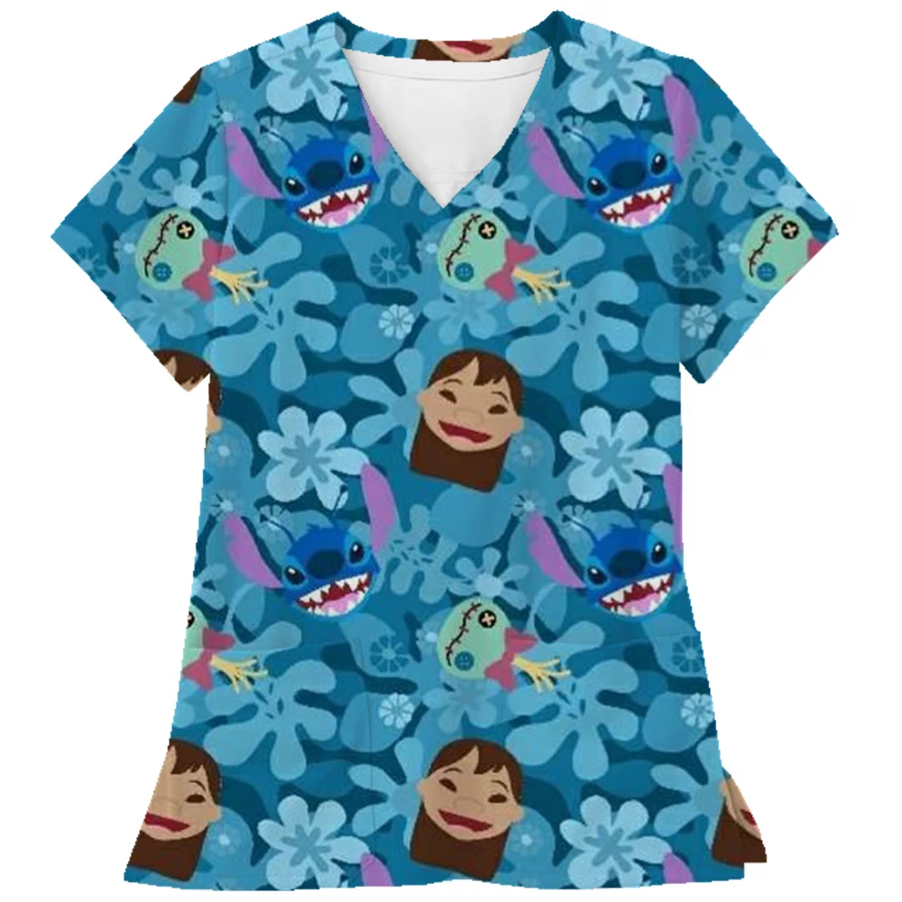 

Униформа медсестры, женская однотонная униформа с принтом Диснея, с короткими рукавами и карманами, медицинская униформа медсестры