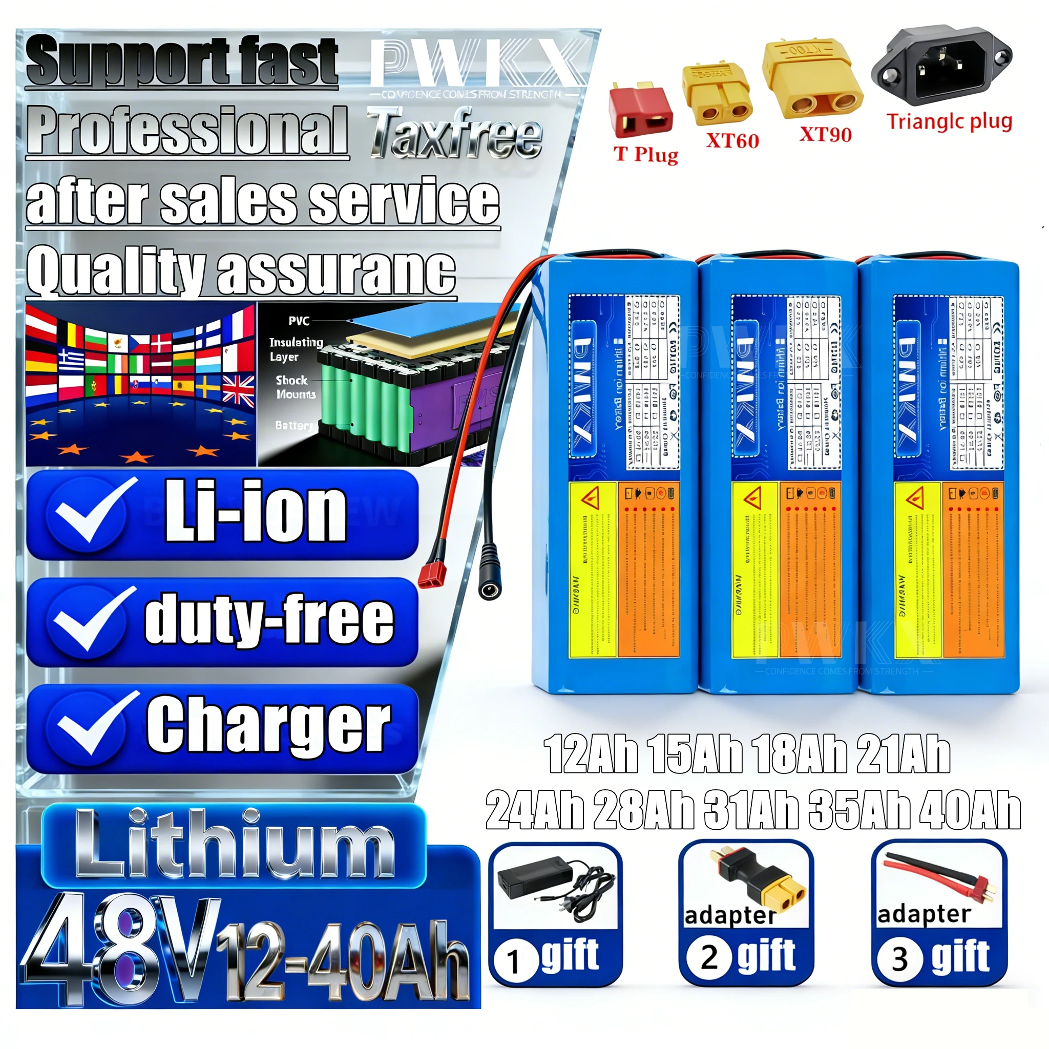 

Абсолютно новая литиевая батарея 48В 40Ач 35Ач 31Ач 28Ач 21Ач 18Ач 15Ач 12Ач с BMS 0-1500Вт для электроинструментов, мотоциклов, скутеров + Зарядное устройство