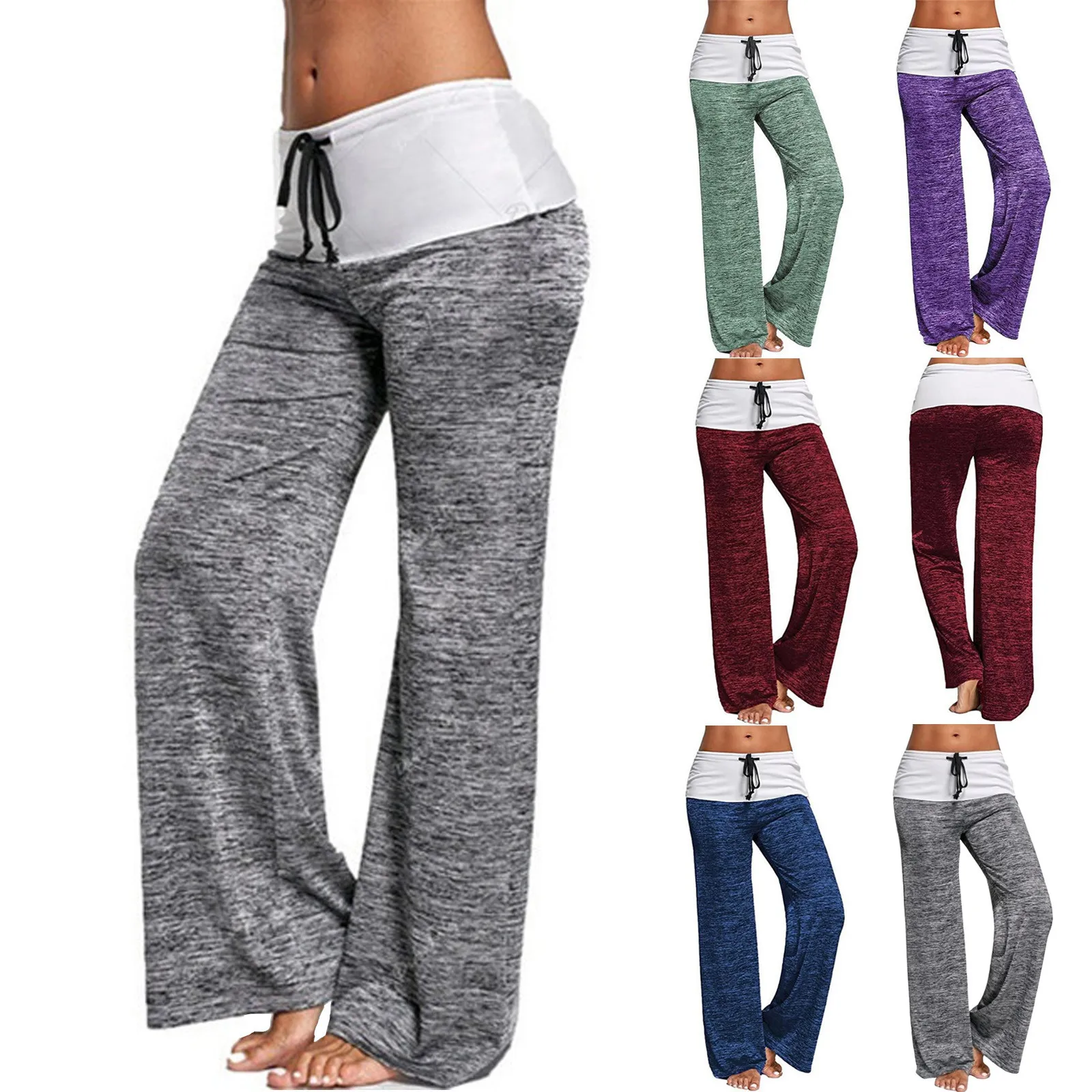 Wide Leg Pants Womens Yoga Drawstring Waist Trousers Lounge Loose Fit Soft Fold Over Casual Bottoms Ladies' Patchwork Yoga T1