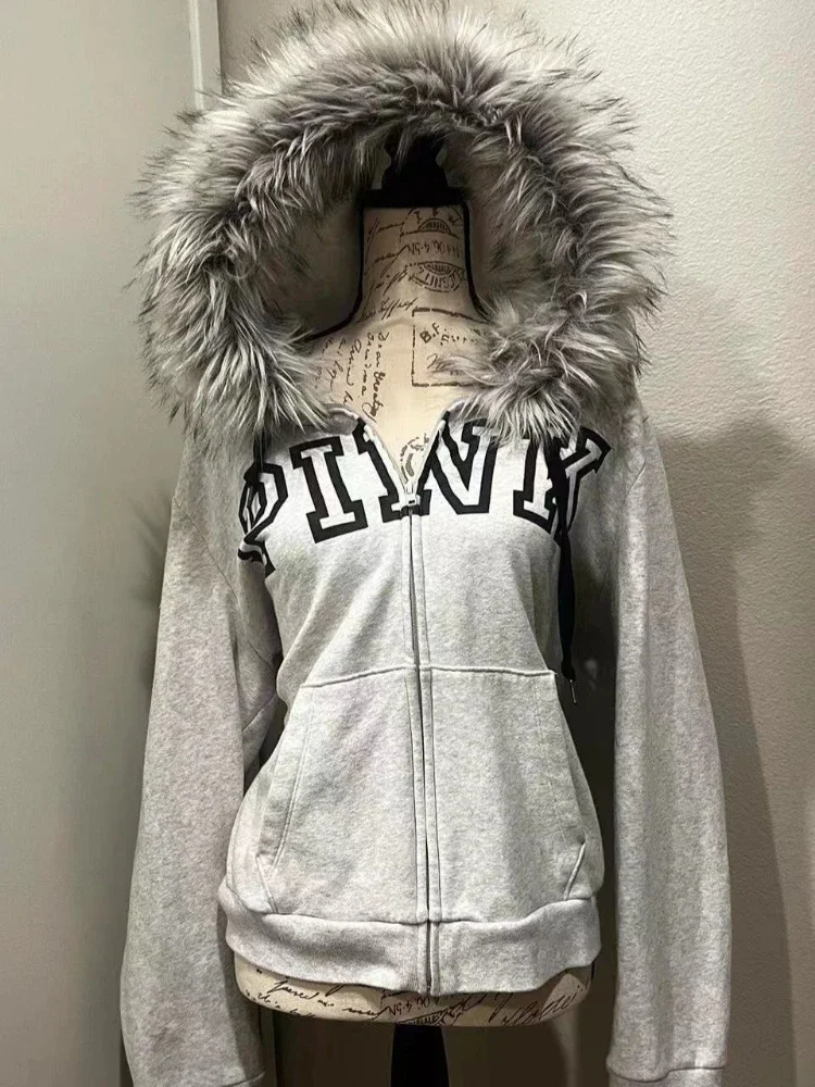 Korean Fur Patchwork Hooded Sweatshirts Vintage Y2k Aesthetic Grunge Letter Print Zippers Hoodies Women Coat Casual Gray Femme