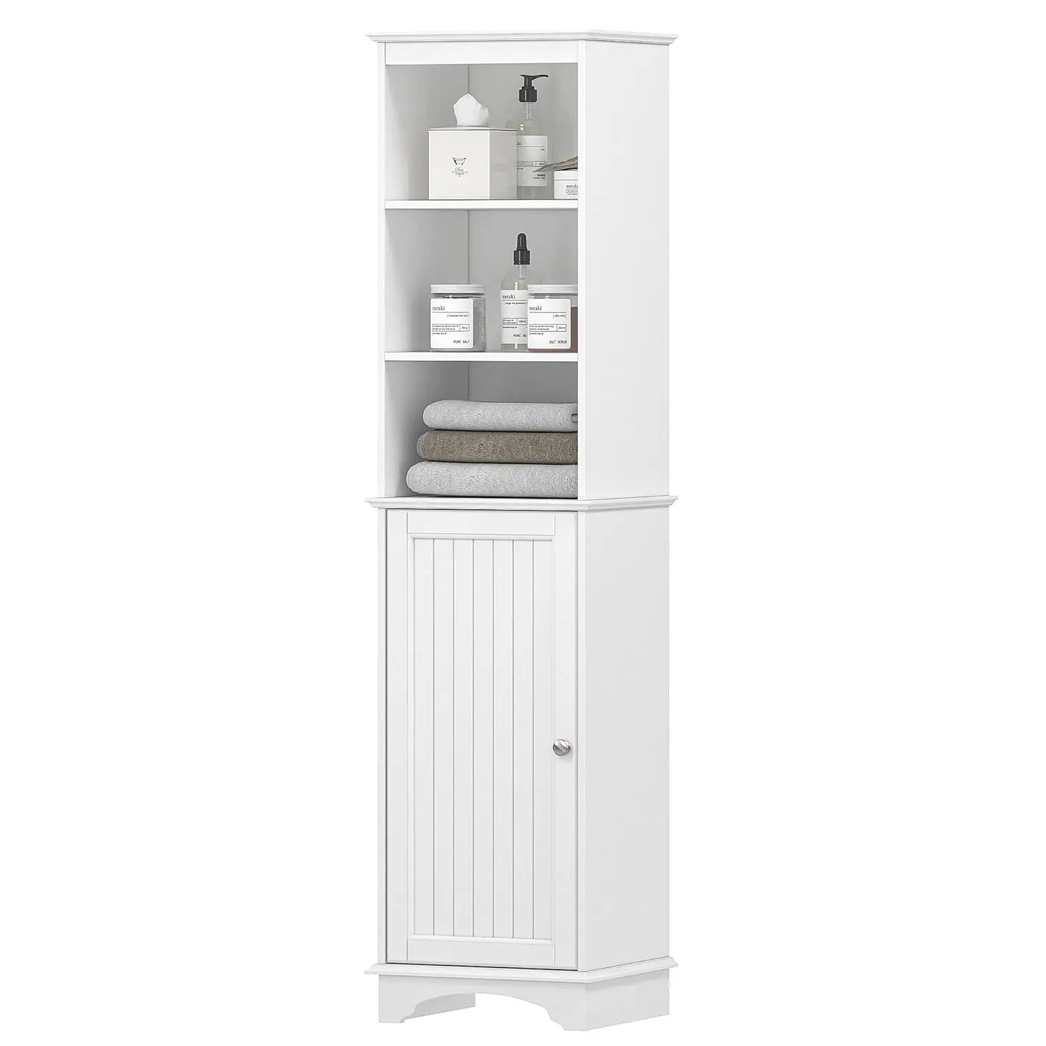 

Home Freestanding Storage Cabinet with Three Tier Shelves, Tall Slim Cabinet, Free Standing Linen Tower, White, Customized