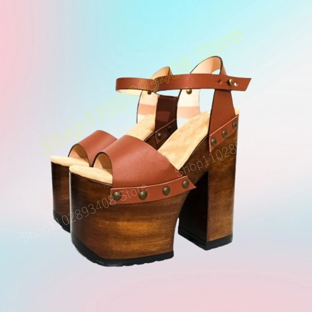 

Brown Rivets Thick Soled Elegant Sandals Open Toe Platform Matte Leather Increasing Sexy Women Shoes 2024 Zapatos Para Mujere