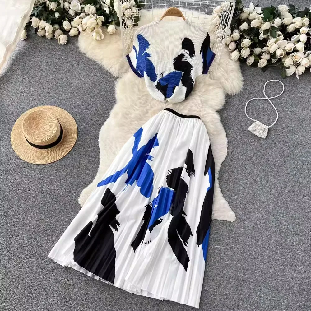 

Fashion Runway 2 Piece Set Casual Outfits Vintage Elegant Floral Print Stretched Pullovers Top+A Line Pleated Midi Long Skirts