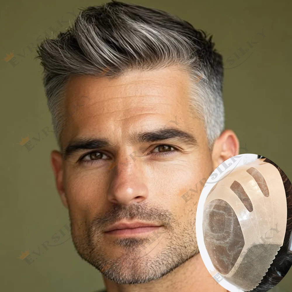 

Прочный мужской топ из монокружевного полотна NPU Bond Fine Mono Lace # 540 # 210 Серо-коричневый парик-протез из 100% натуральных человеческих волос с естественной линией роста, дышащий, для мужчин