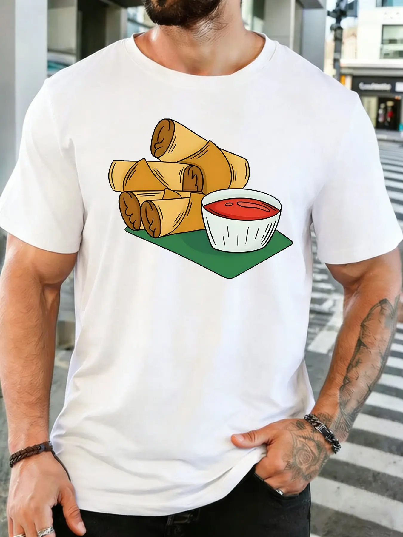 Camiseta de algodón para hombre con estampado de dibujos animados de Spring Rolls y salsa de chile, camiseta de manga corta para amantes de la comida asiática, top informal para el día a día.