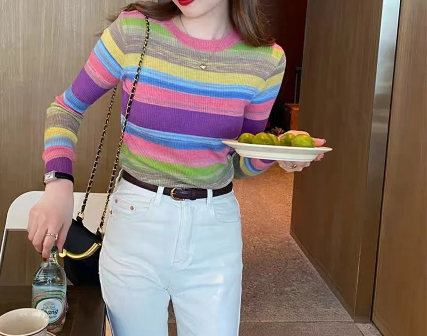 New Autumn and Winter Inner Fit Slim-fitting Contrasting Striped Sweater Knitted Sweater Top Women