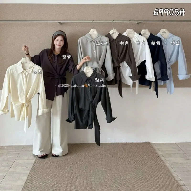 Camisas de temperamento de manga larga con tiras, nuevo estilo coreano, Tops adelgazantes de cintura con diseño de moda para primavera y otoño, versátiles