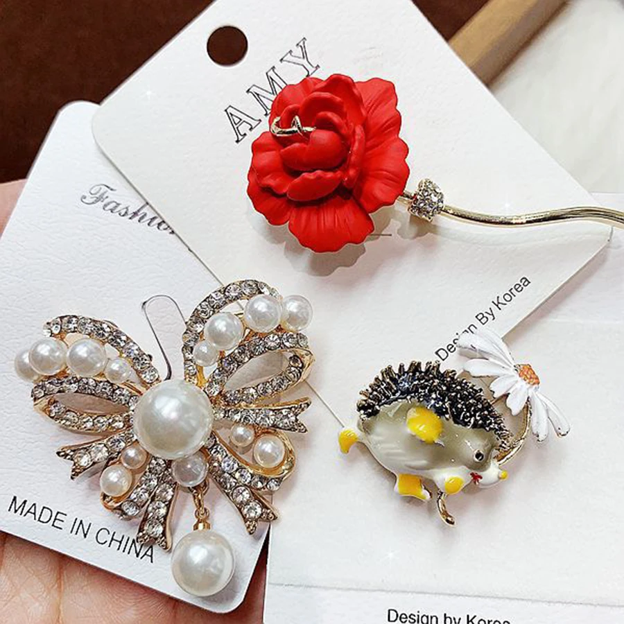 10Pcs Vintage Pearl Gemstone Inlay Copper Material Flower Women\'s Brooch Elegant Mixed Styles Multi Piece Set Brooch Jewelry