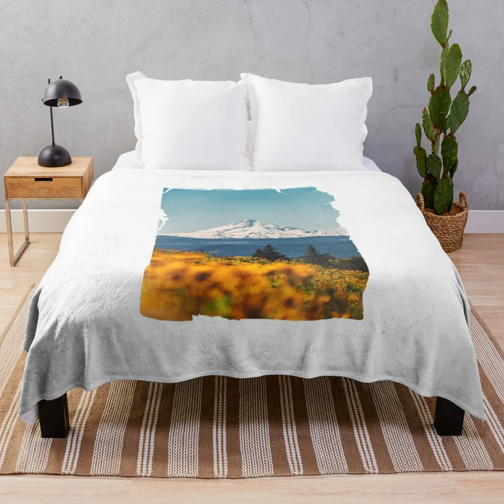 Vintage Mount Hood from Columbia River Gorge with Sunflowers Throw Blanket Giant Sofa Soft Plaid christmas decoration Blankets