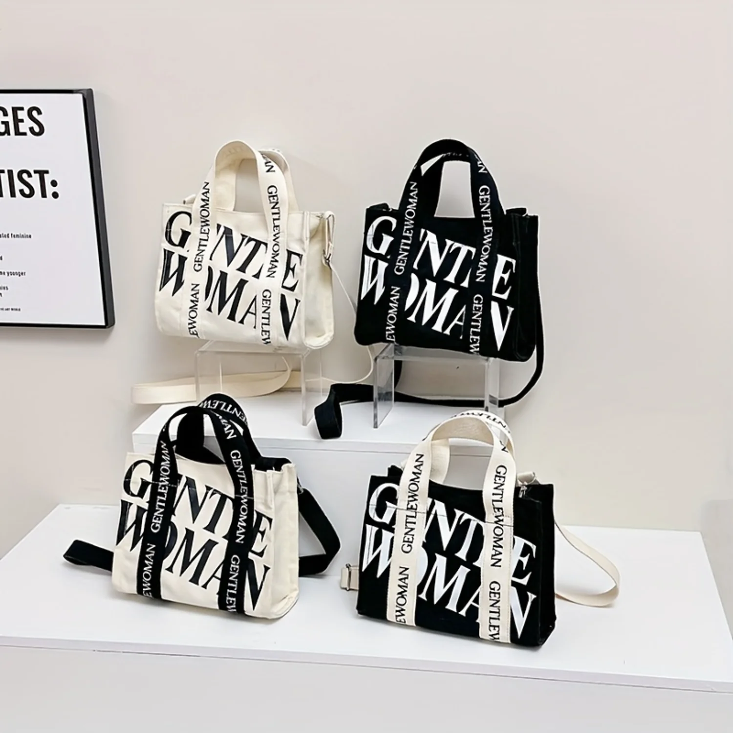 

Fashion Canvas Mini Tote Bag Women Letter Print Wide Handle Handbag Shoulder Crossbody Outings.