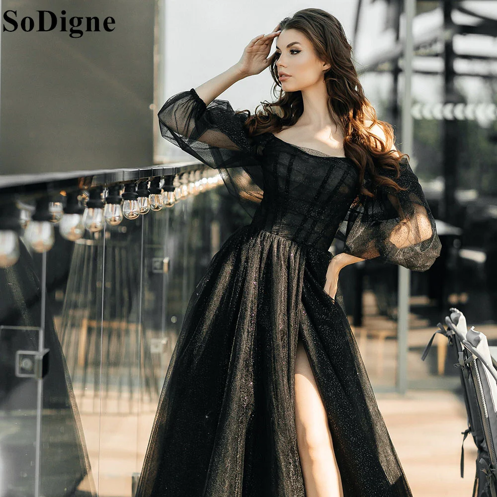 Sodigne Glitter A-Line High Split Avondjurken Pailletten Pofmouwen 2024 Illusie Elegante Formele Gelegenheid Prom Jurk Voor Vrouwen