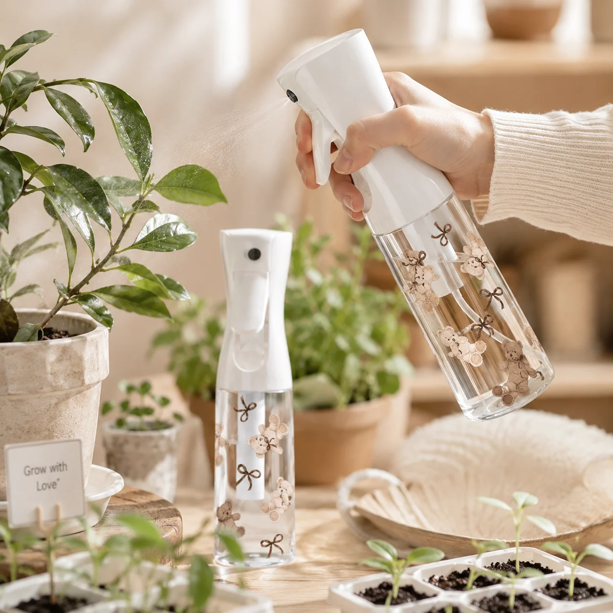 300/500ML Cute Bear Continuous Mist Spray Bottle, Refillable Fine Water Mister for Hair Styling, Plants, Cleaning, Salon Home