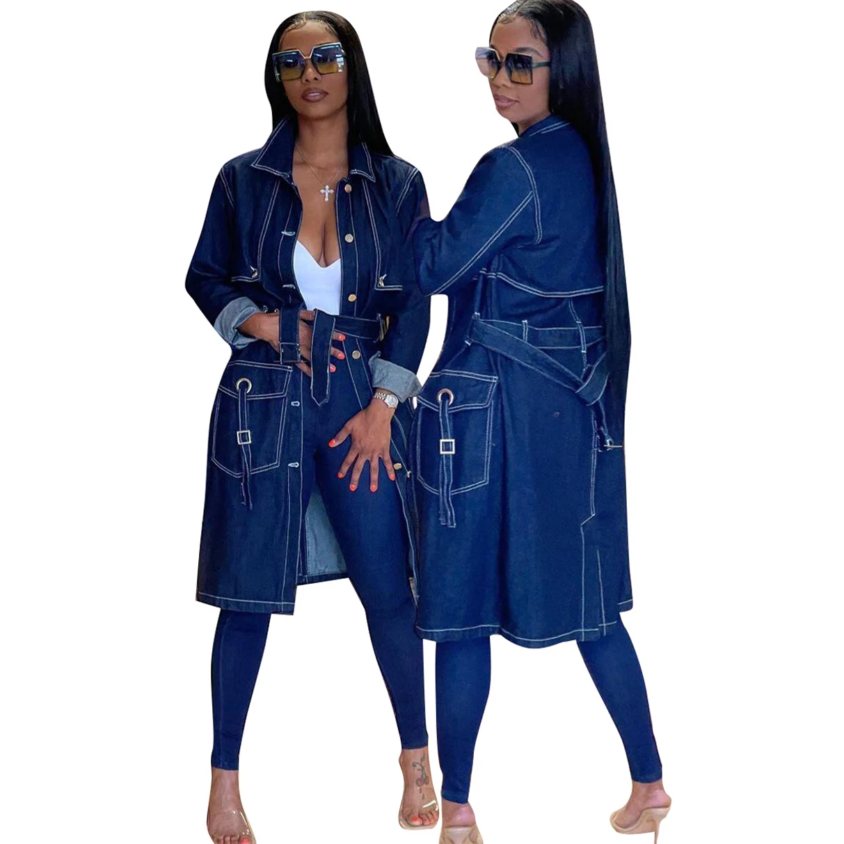 Imagem -04 - Jaqueta Jeans Longa Feminina Trench Coats Blusão Streetwear Jean Cabolsas de Carga Moda Y2k Inverno Roupas de Outono Inverno Outono Y2k 2023