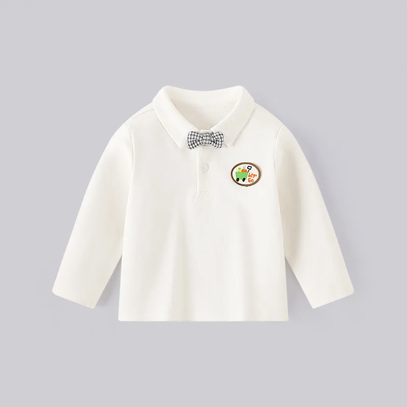 

New Boys Bottom Shirt Spring and Autumn Pocket Embroidered Lapel T-Shirt White POLO Shirt Children's Long Sleeve Shirt
