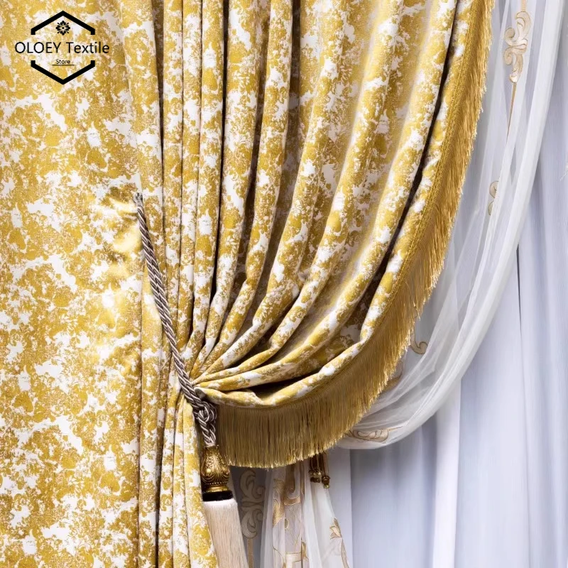 High End Custom Luxury Golden Velvet Chenille Curtains for Living Room Bedroom and Villa French American European Chic Drapes