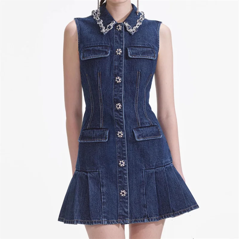 

Women's dress 2025 Summer New Crystal Button Decorative Mini Dress Retro pure cotton sleeveless short dresses y2k party dresses