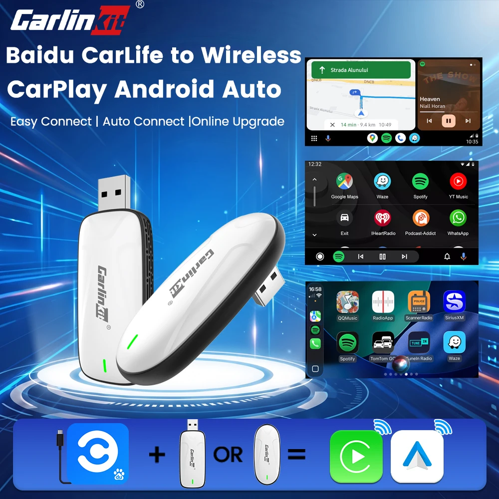 CarlinKit Baidu Carlife to Wireless CarPlay Android Auto Adapter WiFi BLE Auto Connect 1-to-2 Smart Navigation Box Split Screen