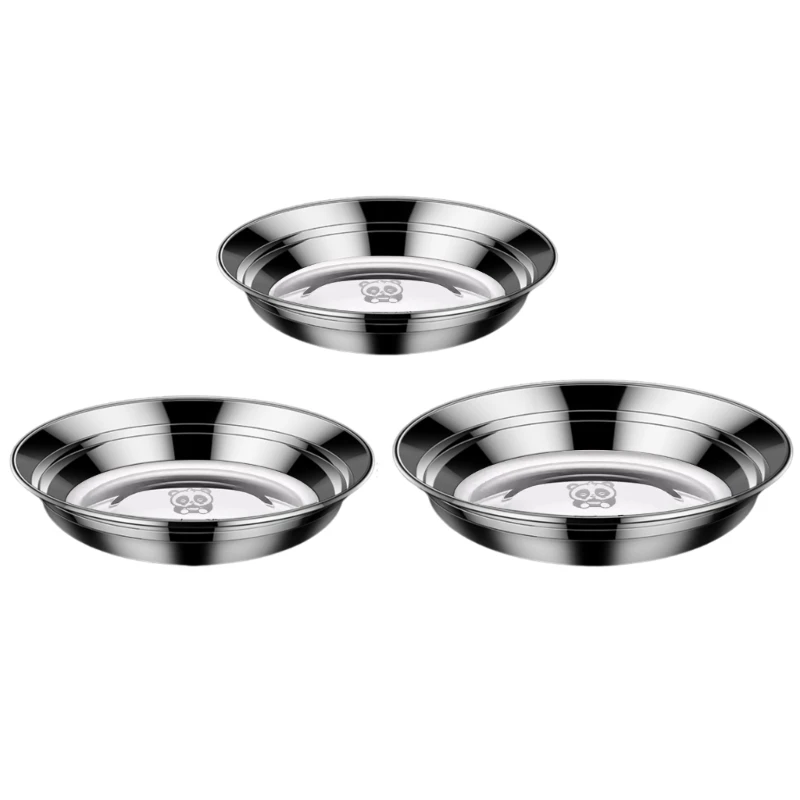 Set of 3 Stainless Steel Heat Resistant Plates Thickened Round Fruit Dish for Home and Restaurant Practical Tableware