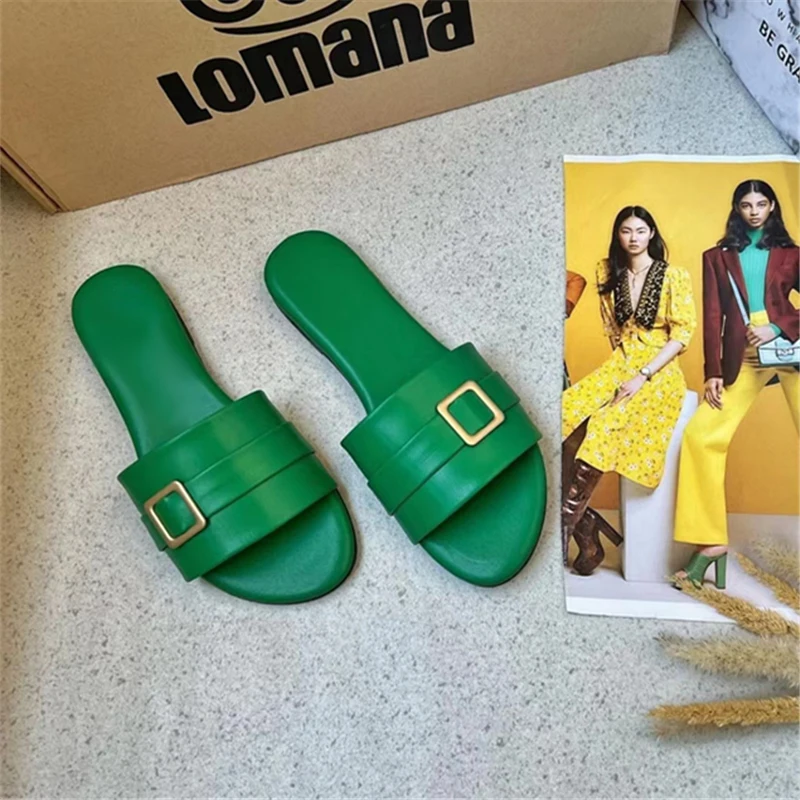 Women's  Summer New Fashion Metal Belt Buckle Low Heel Outdoor Slippers Woman Soft Leather Flat Bottom Anti slip Beach Sandal