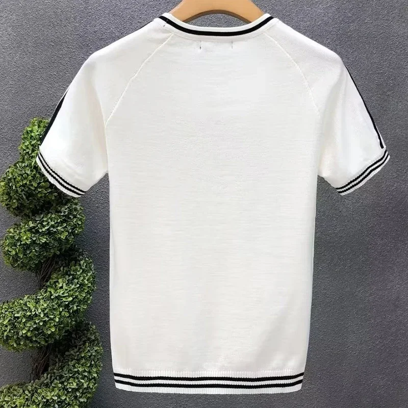 Irregular Lines Men's Knitted T Shirt Summer Black White Contrast Color Round Neck Short Sleeve Breathable Knitwear T-Shirt Tops
