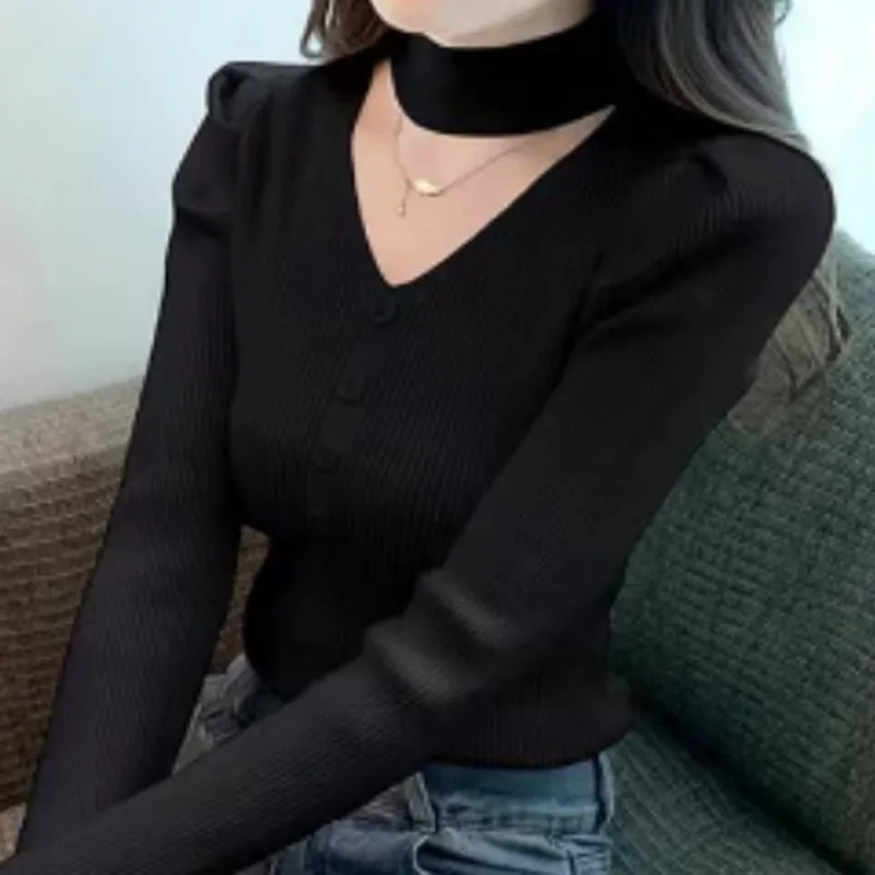 Women Autumn Sexy Slim Solid Color V-neck Long Sleeve Knitwear Tops Women Clothes Fashion All-match Knitting Bottoming Shirt