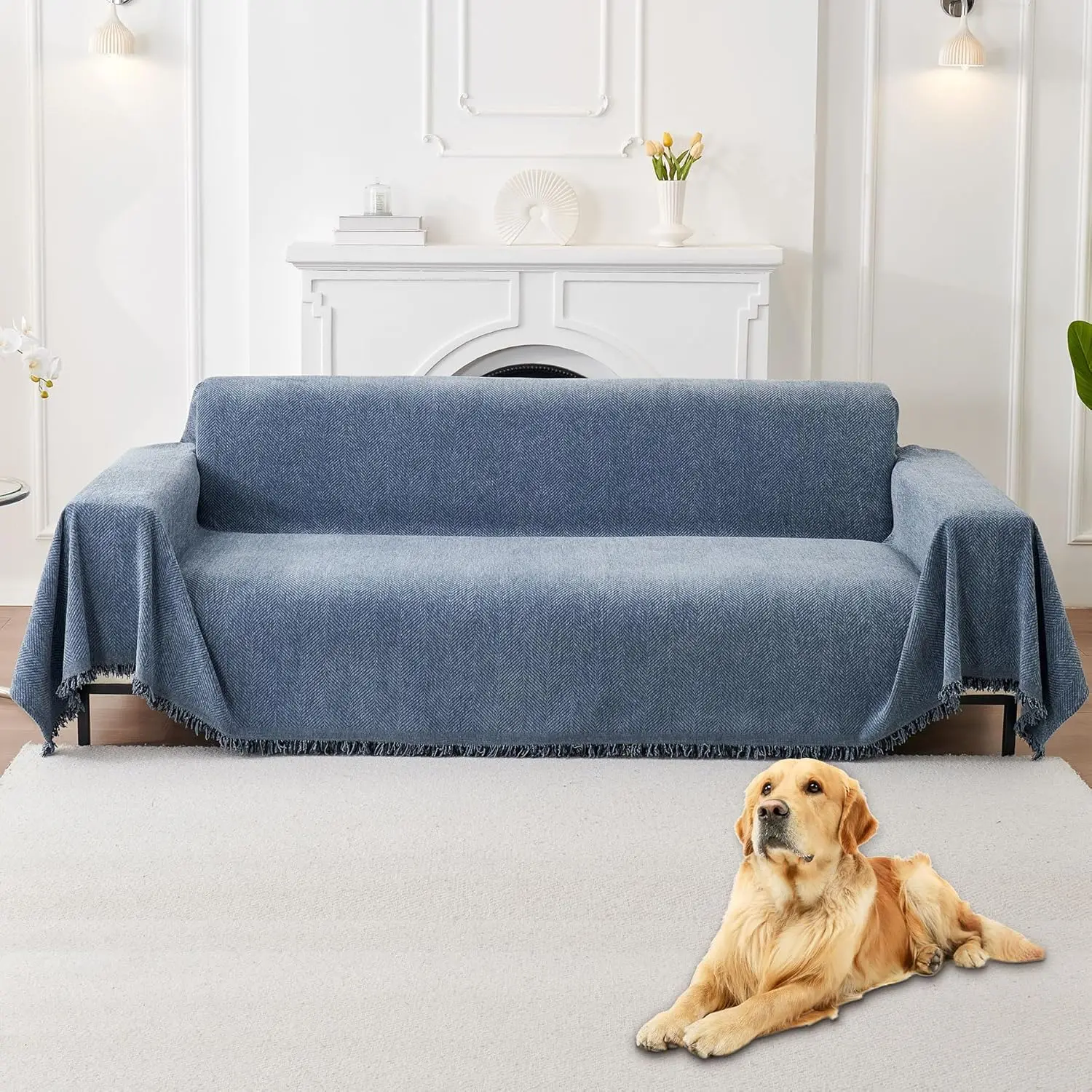 

Non Slip Couch Cover for 3 Cushion Sofa, Washable Sectional Couch Protector for Dogs, Pet Furniture Cover, 71x134 inch Blue