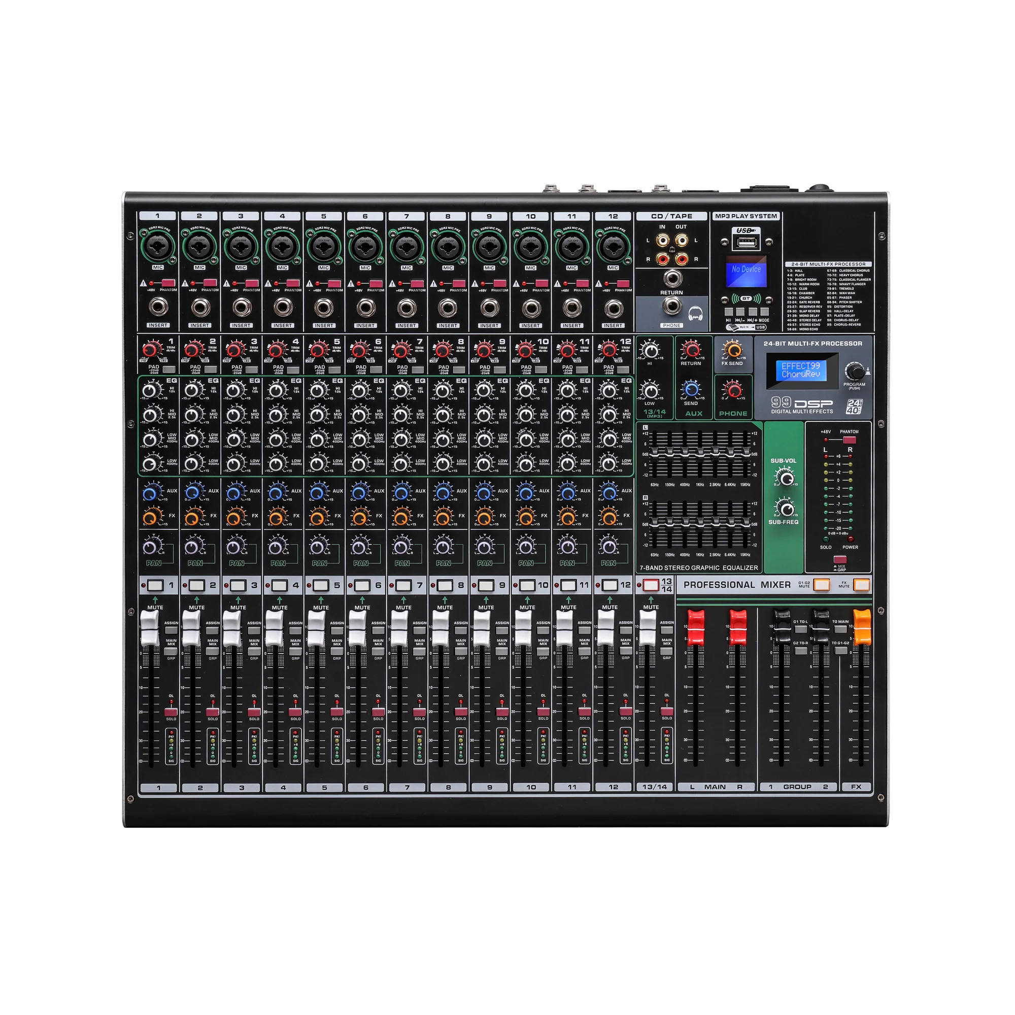

14-Channels Professional Audio Mixer 99 DSP Digital Reverberation Effects Dual 7-band Equalizer Effect Multi-functional Mixer