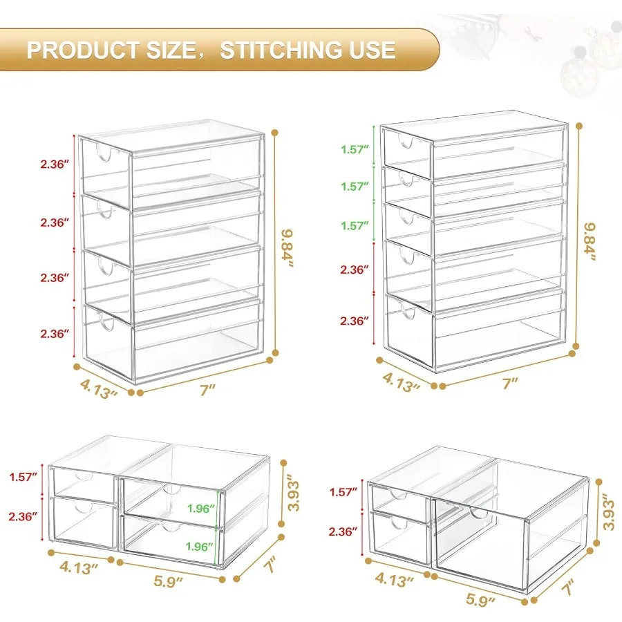 Makeup Organizer With 16 Drawers, 4 Pcs Desktop Office Supplies, Desk Organizers, Clear Desk Accessories