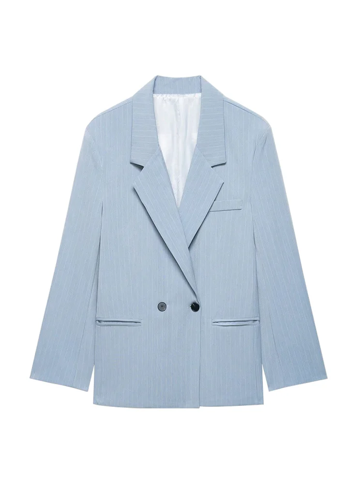 Casaco blazer listrado grande estilo dinheiro antigo feminino manga comprida bolsos frontais chique oversize top feminino outerwear