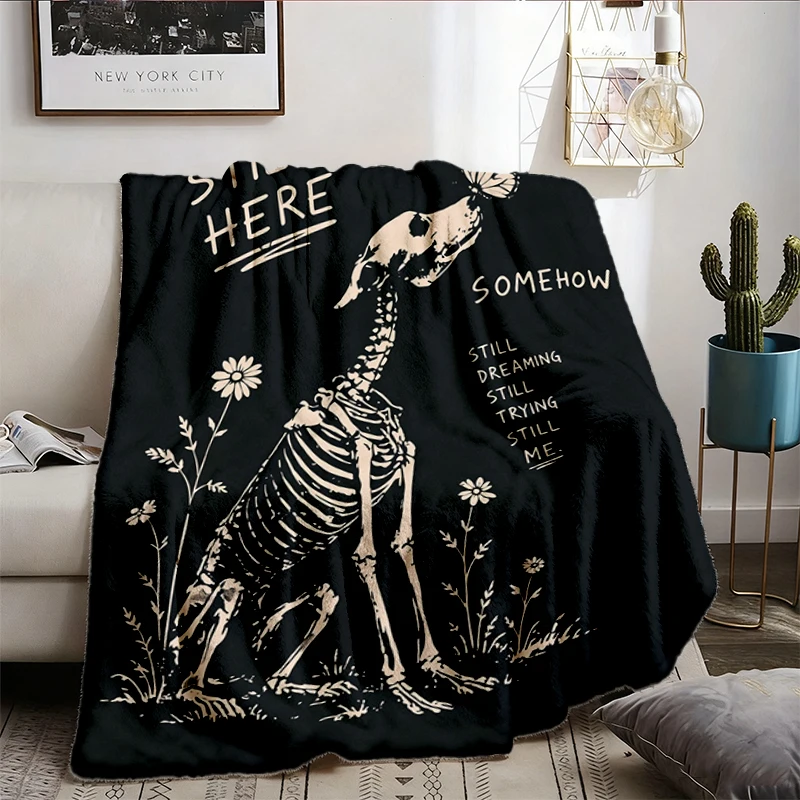  Still Here Dog Skeleton Flannel Throw, Gothic Halloween Dog Warm Blanket Cozy Blanket, Vintage Skeleton D