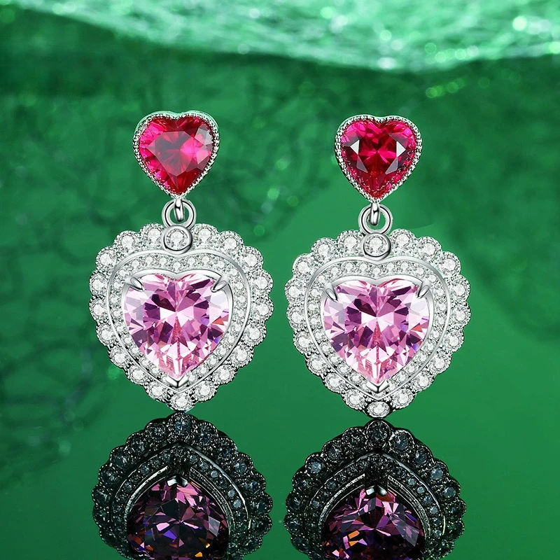 

PT950 Platinum Artificially Cultivated Gemstone Love Cherry Blossom Pink Gemstone Earrings Female Heart Shaped Earrings