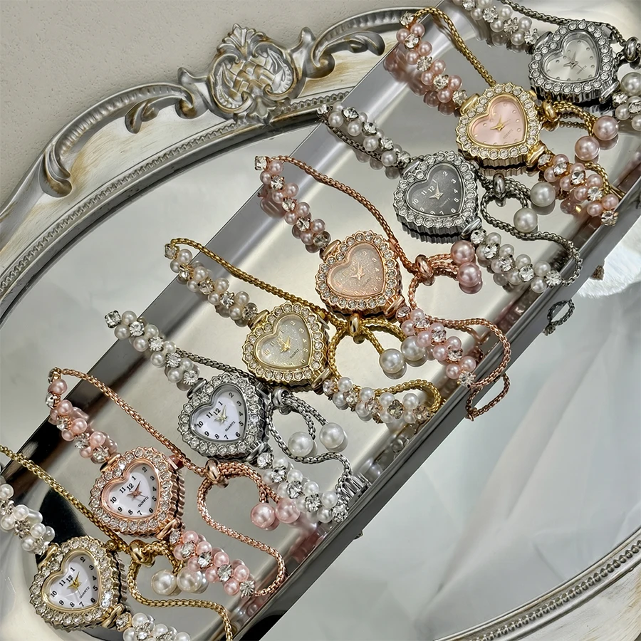Elegant Heart-Shaped Watch with Double-Row Diamond Pearl Bracelet & Drawstring Closure