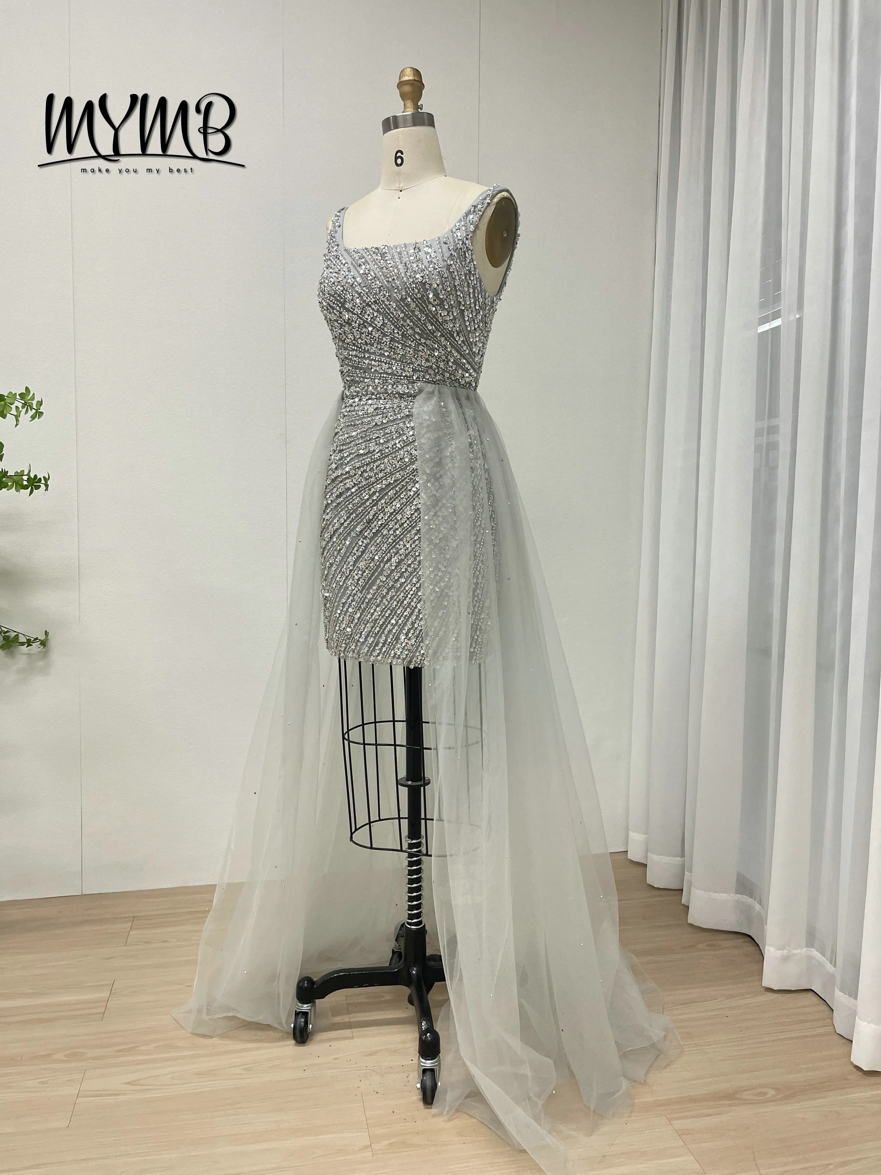 MYMB Luxe zilveren couture kralen ronde hals sexy korte trouwjurk met mesh trein avondjurk prom afstuderen ASU2020-08S