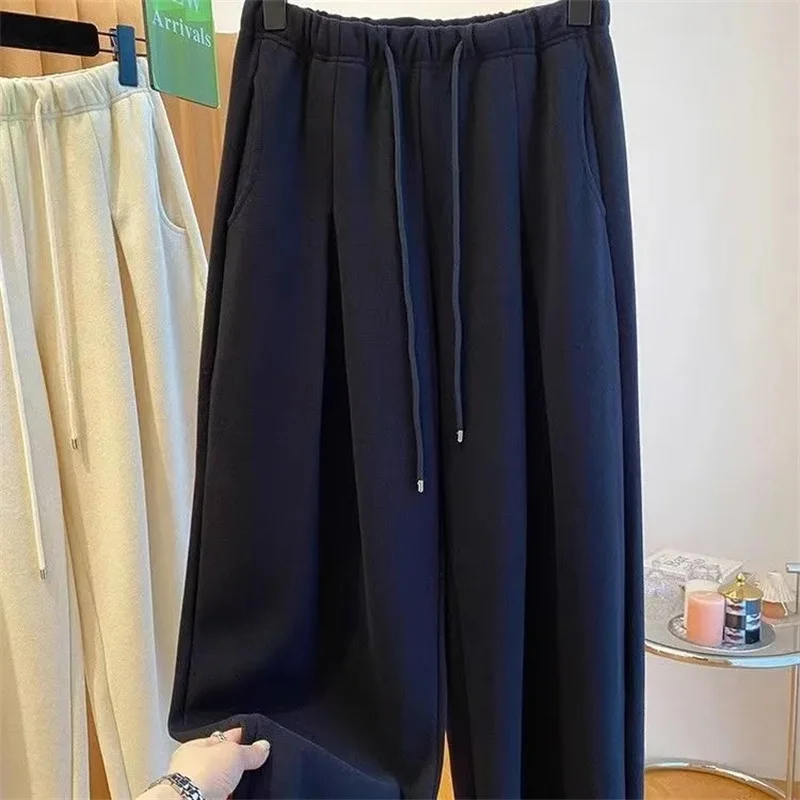 겨울 여성용 시크 하이웨이스트 스트레이트 레그 보온 바지 여성용 플러시 캐주얼 배기 바지 소녀용 스노우 웜 팬츠