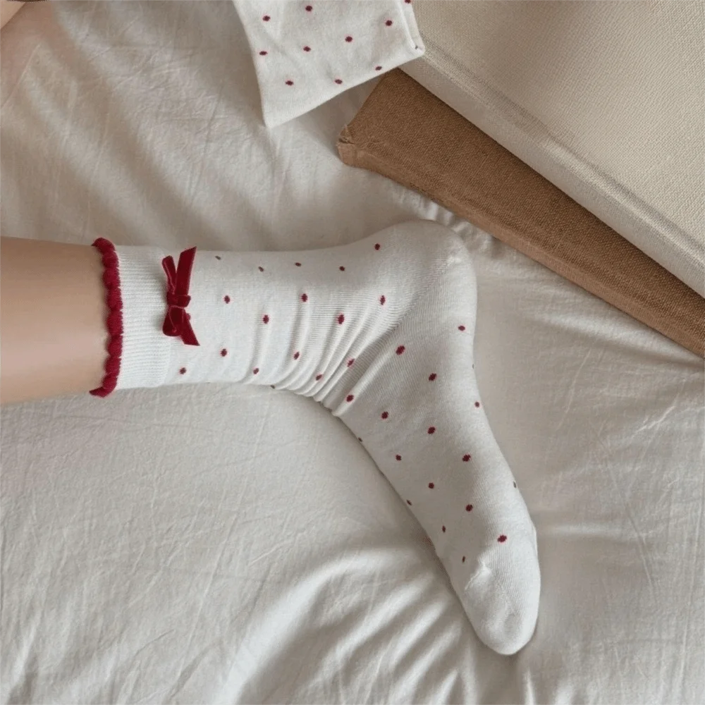 

Cute Red Color Sweet Girl Socks Double Layer Comfortable Mid Tube Socks Soft Breathable Bow Socks New Year