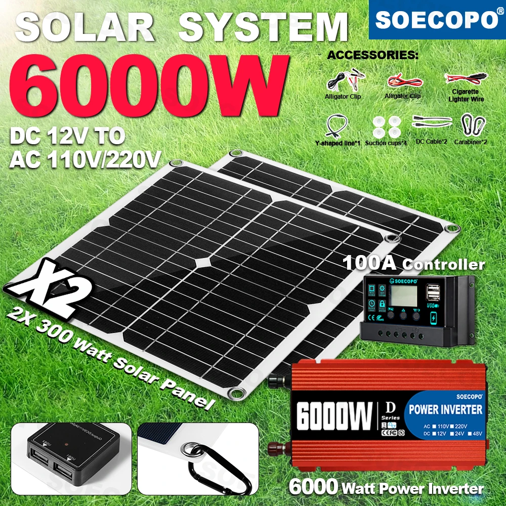 

Lntelligent Durable SOECOPO 6000W Peak Solar Kit 2x300W Panel 100A Controller Inverter Generator for Spotlights Boat Camping RV